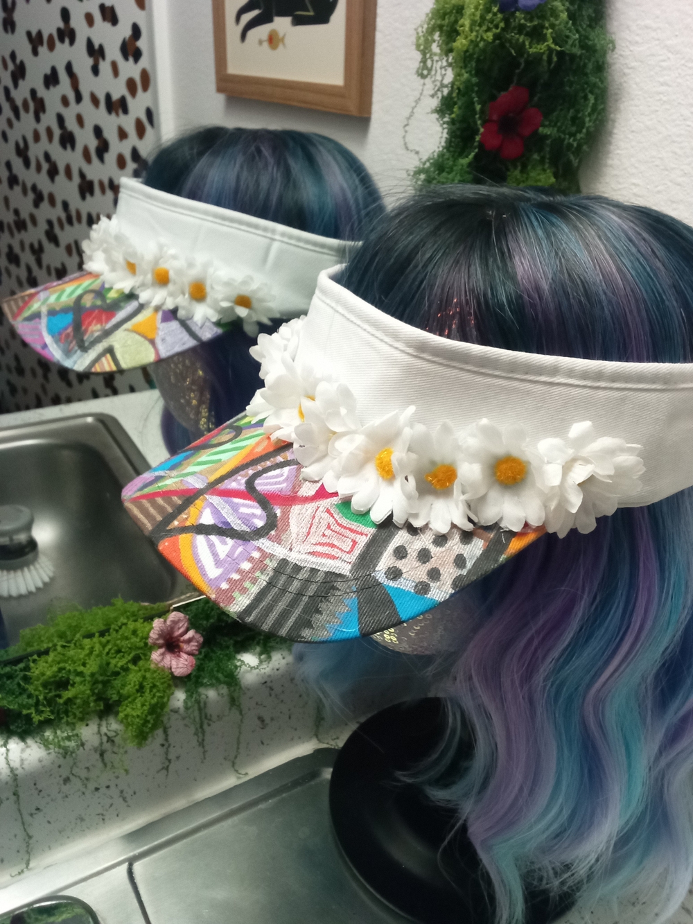 White Daisy Trim Visor with Colorful Graffiti Brim